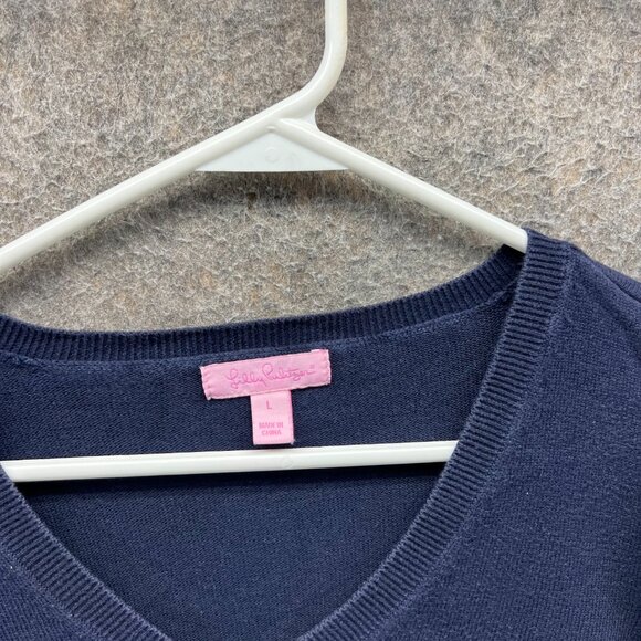 Lilly Pulitzer Sweater Women Large Navy Blue Argyle Cotton V Neck Pullover - Picture 6 of 11